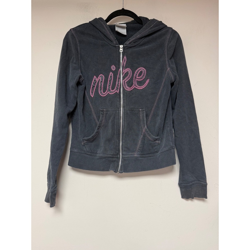 Nike Girls Hoodie Zip Up Gray Pink Logo Size M